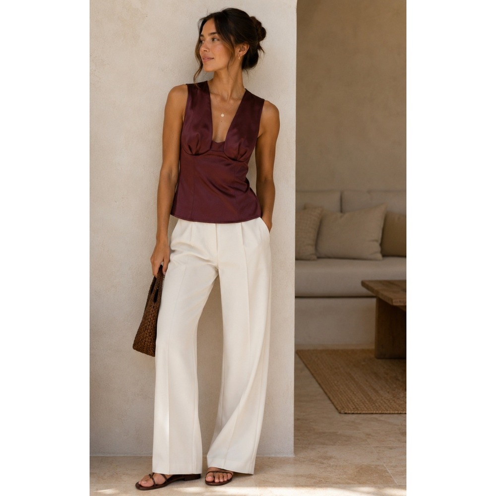 NEW Anthropologie Brown Bustier Plunge V-Neck Sleeveless Satin Top Size 8